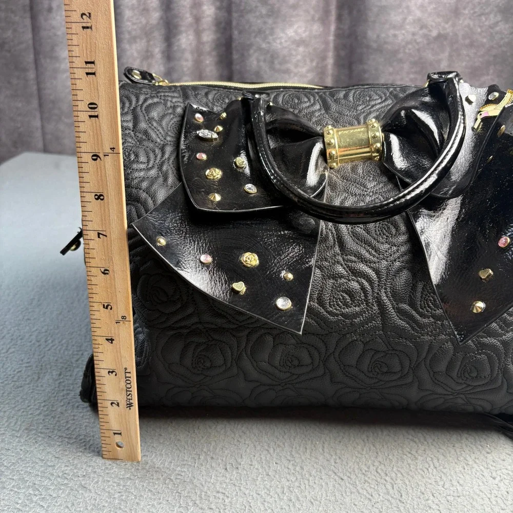 Betsey Johnson Black Rose Embossed Satchel Bag with Oversized Studded Bow